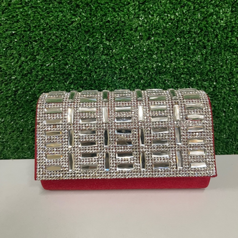 RSVP red satin rhinestone clutch with chain strap NEW